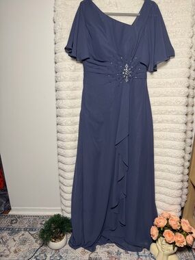 Elegant Slate Blue Evening Gown with Embellished Waist